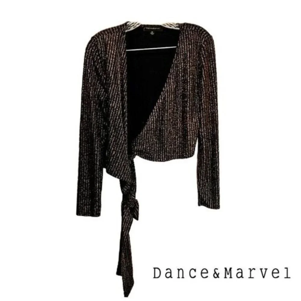 Dance and Marvel Women's Metallic Long Sleeve V Neck Tie Knot Wrap‎ Blouse